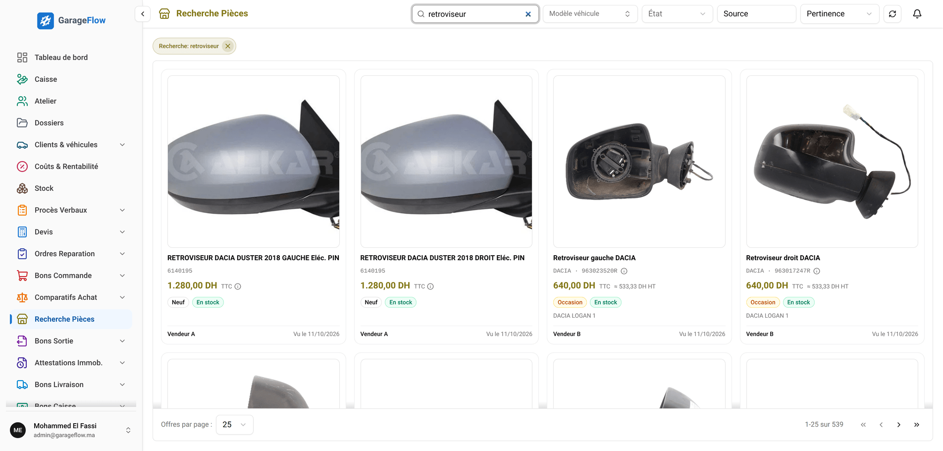 Aperçu de GarageFlow — Recherche de pièces